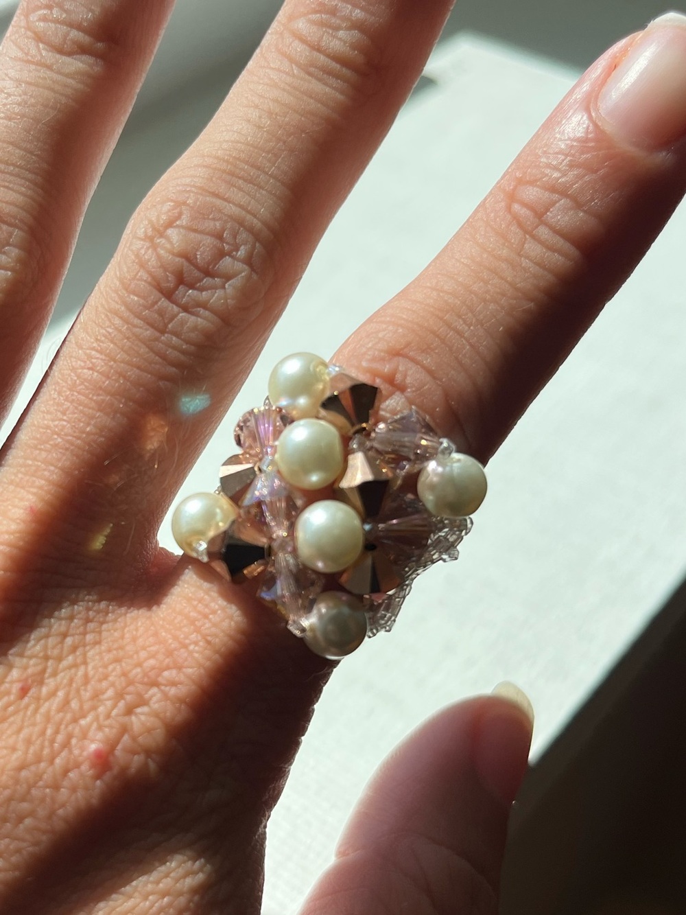 Pearl & Pink Crystal Cluster Ring